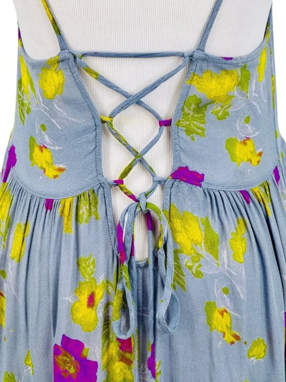 Free People Floral Strappy Lace Up Back Ruffle Hem Mini Dress S| Balletcore Boho - Picture 10 of 16